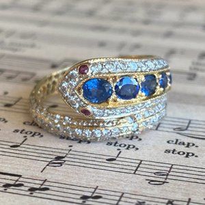 SOLD 18K Gold Sapphire Diamond and Ruby Snake Ring